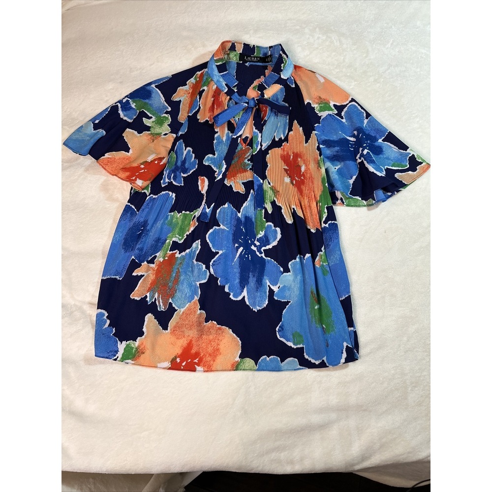 Ralph Lauren Womens Multicolor Floral Tie Front Short Sleeve Top Blouse Lg